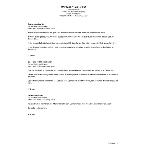 Produktbild des Artikels Wir feiern ein Fest (Liedtexte) (Noten - Download)