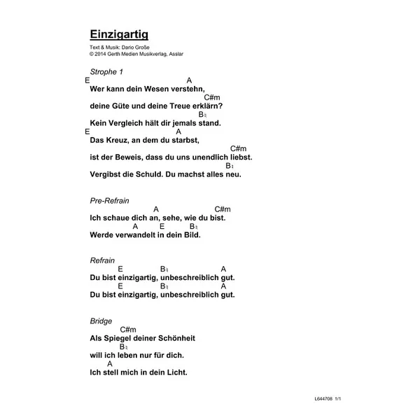 Produktbild des Artikels Einzigartig (Noten - Download)