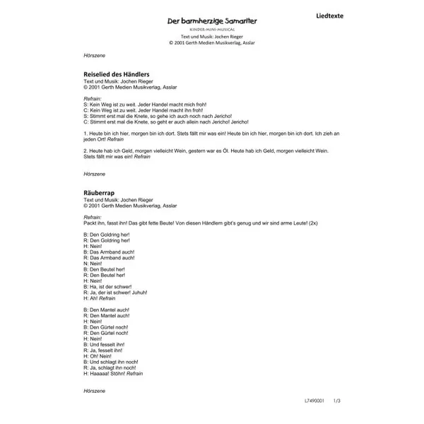 Produktbild des Artikels Der barmherzige Samariter (Liedtexte) (Noten - Download)