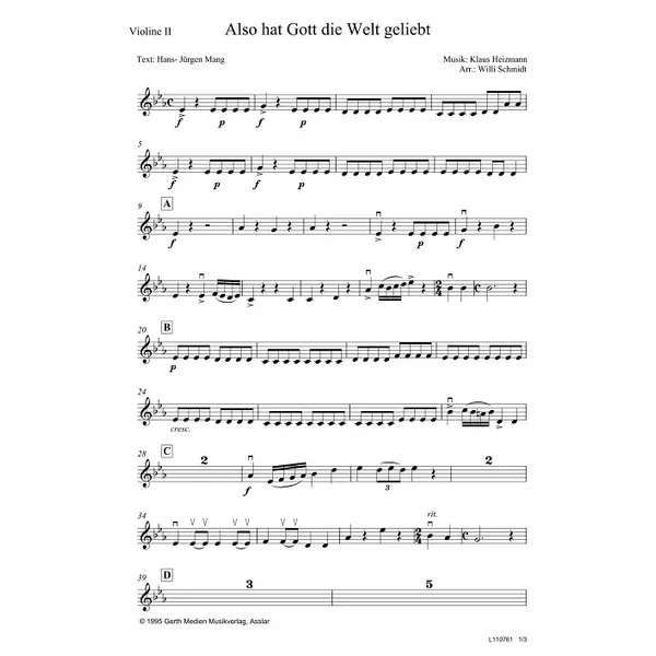 Produktbild des Artikels Also hat Gott die Welt geliebt (Violine 2) (Noten - Download)