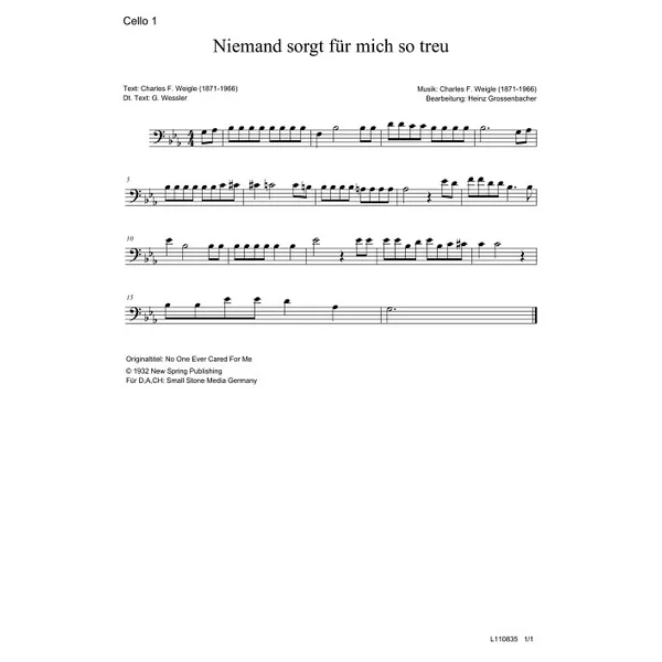 Produktbild des Artikels Niemand sorgt für mich so treu (Cello 1) (Noten - Download)
