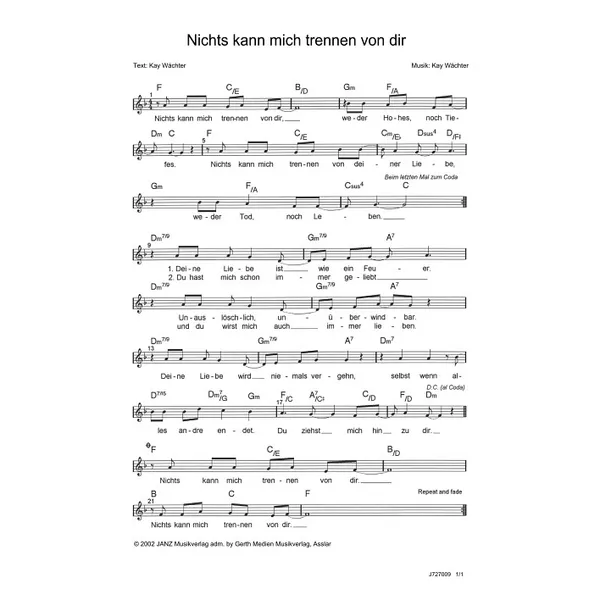 Produktbild des Artikels Nichts kann mich trennen von dir (Noten - Download)