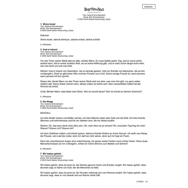 Produktbild des Artikels Bartimäus (Liedtexte) (Noten - Download)