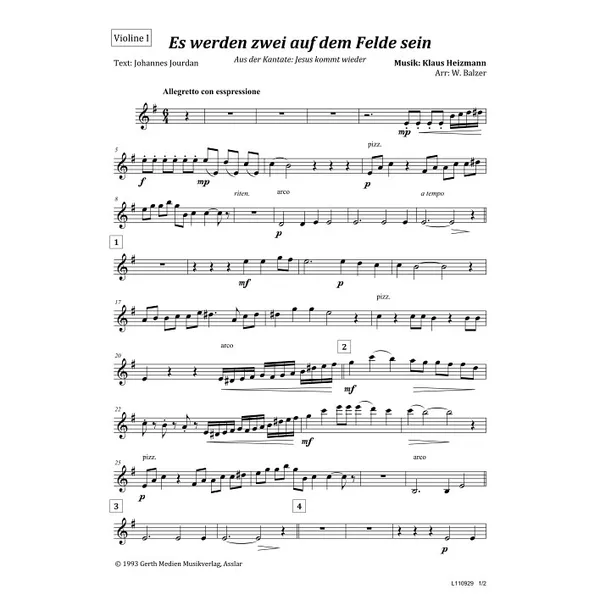 Produktbild des Artikels Es werden zwei auf dem Felde sein (Violine 1) (Noten - Download)