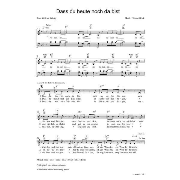 Produktbild des Artikels Dass du heute noch da bist (Noten - Download)