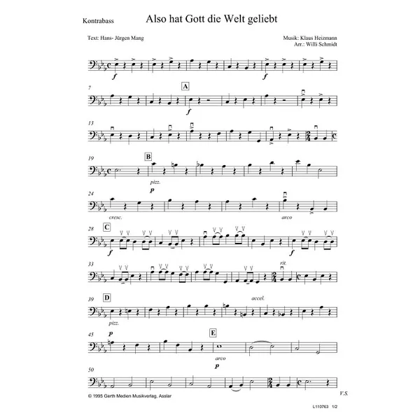 Produktbild des Artikels Also hat Gott die Welt geliebt (Kontrabass) (Noten - Download)