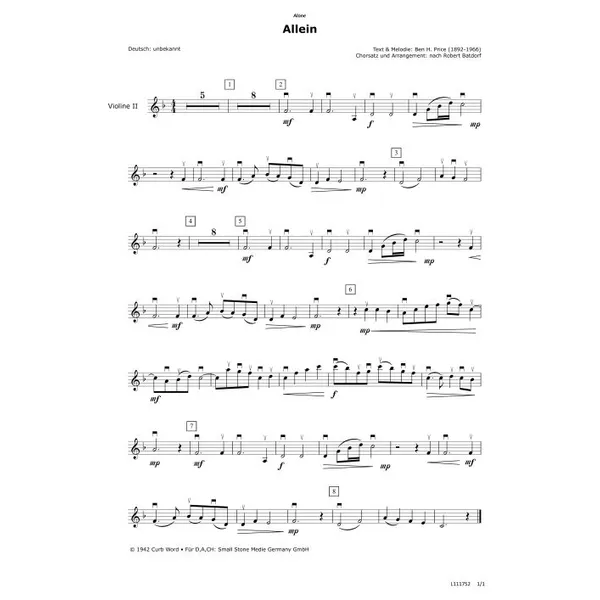 Produktbild des Artikels Allein (Violine 2) (Noten - Download)