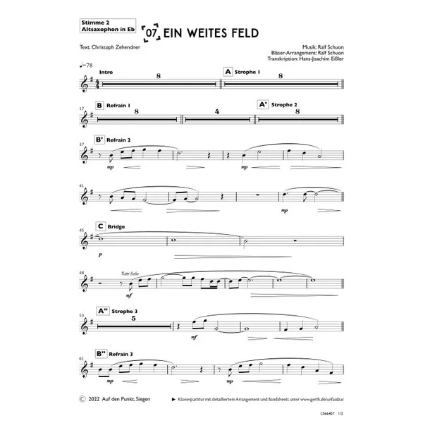 Produktbild des Artikels Ein weites Feld (Altsaxophon in Eb) (Noten - Download)