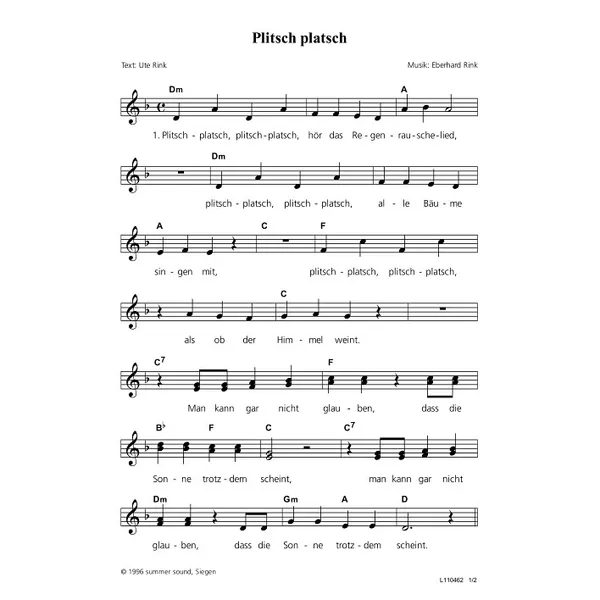 Produktbild des Artikels Plitsch, platsch (Noten - Download)