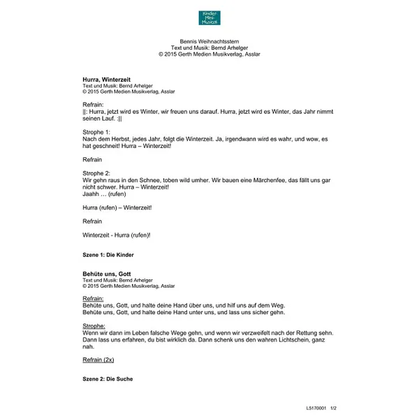 Produktbild des Artikels Bennis Weihnachtsstern (Liedtexte) (Noten - Download)