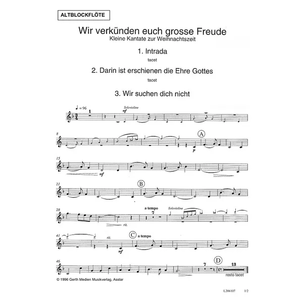 Produktbild des Artikels Wir verkündigen euch große Freude (Altblockflöte) (Noten - Download)