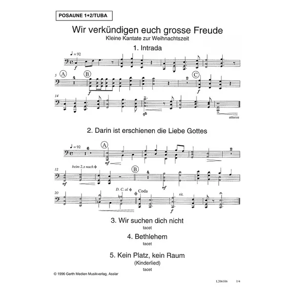 Produktbild des Artikels Wir verkündigen euch große Freude (Posaune 1-2/Tuba) (Noten - Download)