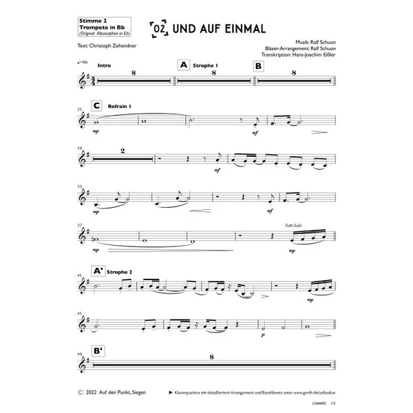 Produktbild des Artikels Und auf einmal (2. Trompete in Bb) (Noten - Download)