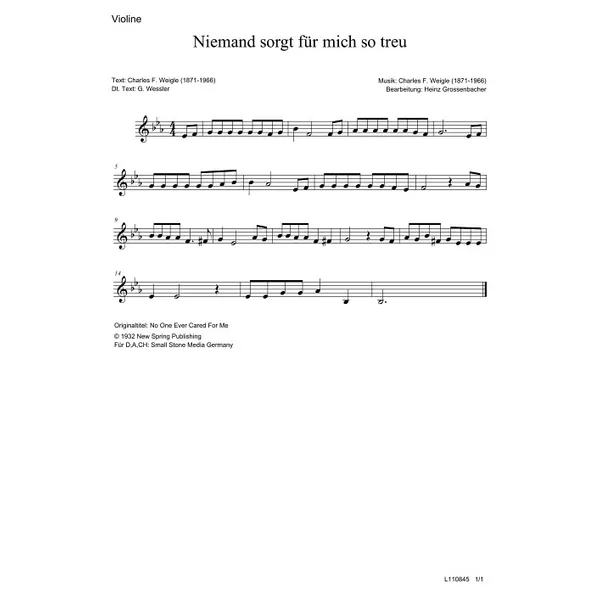 Produktbild des Artikels Niemand sorgt für mich so treu (Violine) (Noten - Download)