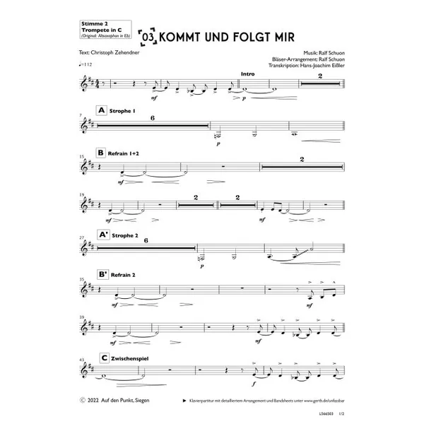 Produktbild des Artikels Kommt und folgt mir (2. Trompete in C) (Noten - Download)