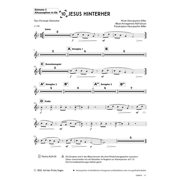 Produktbild des Artikels Jesus hinterher (Altsaxophon in Eb) (Noten - Download)