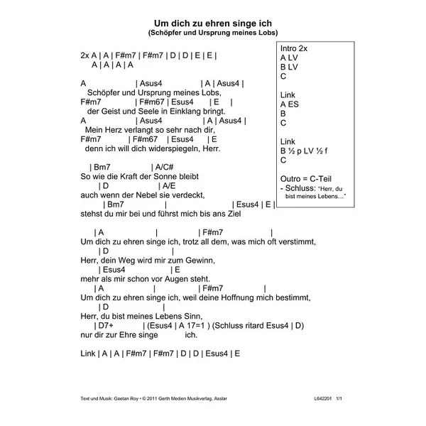 Produktbild des Artikels Um dich zu ehren singe ich (Leadsheet) (Noten - Download)