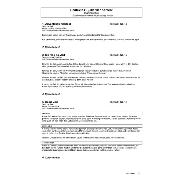 Produktbild des Artikels Die vier Kerzen (Liedtexte) (Noten - Download)