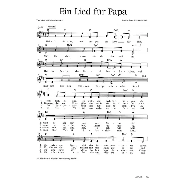 Produktbild des Artikels Ein Lied für Papa (Noten - Download)
