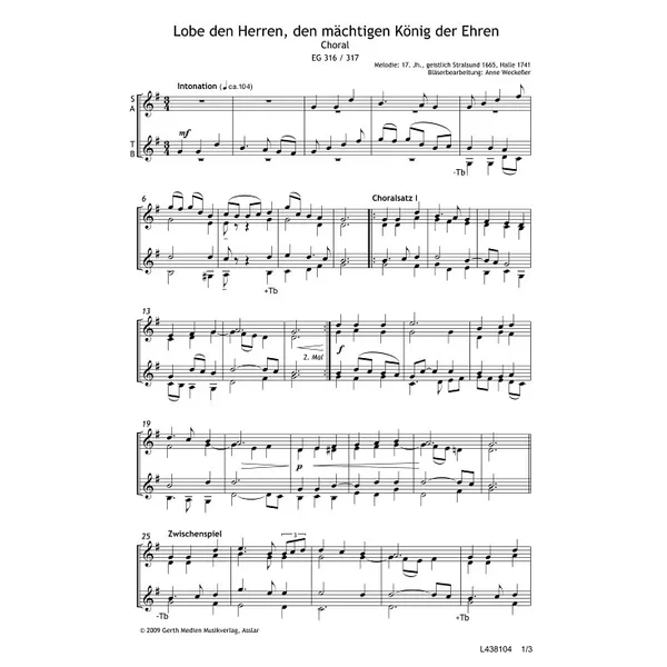 Produktbild des Artikels Lobe den Herren, den mächtigen König - Choral (Noten - Download)