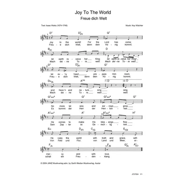 Produktbild des Artikels Joy To The World / Freue dich, Welt (Noten - Download)